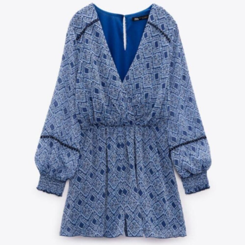 Zara Blue Print Long Sleeve Playsuit Romper Size Small 26635